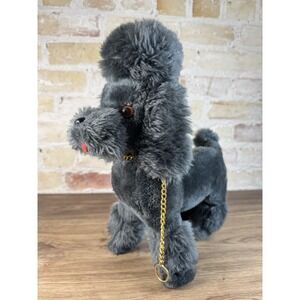 Vintage R Dakin Poodle Plush Gray Stuffed Dog Toy w Gold Chain Leash 10" 1960s